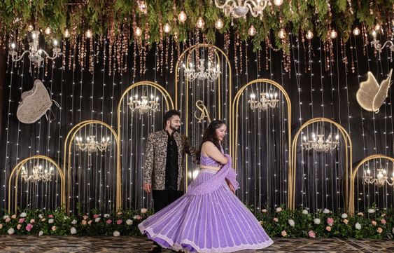 Birthday party decoration with balloons and colorful lighting