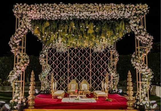 Engagement decoration with flowers and fabric setup